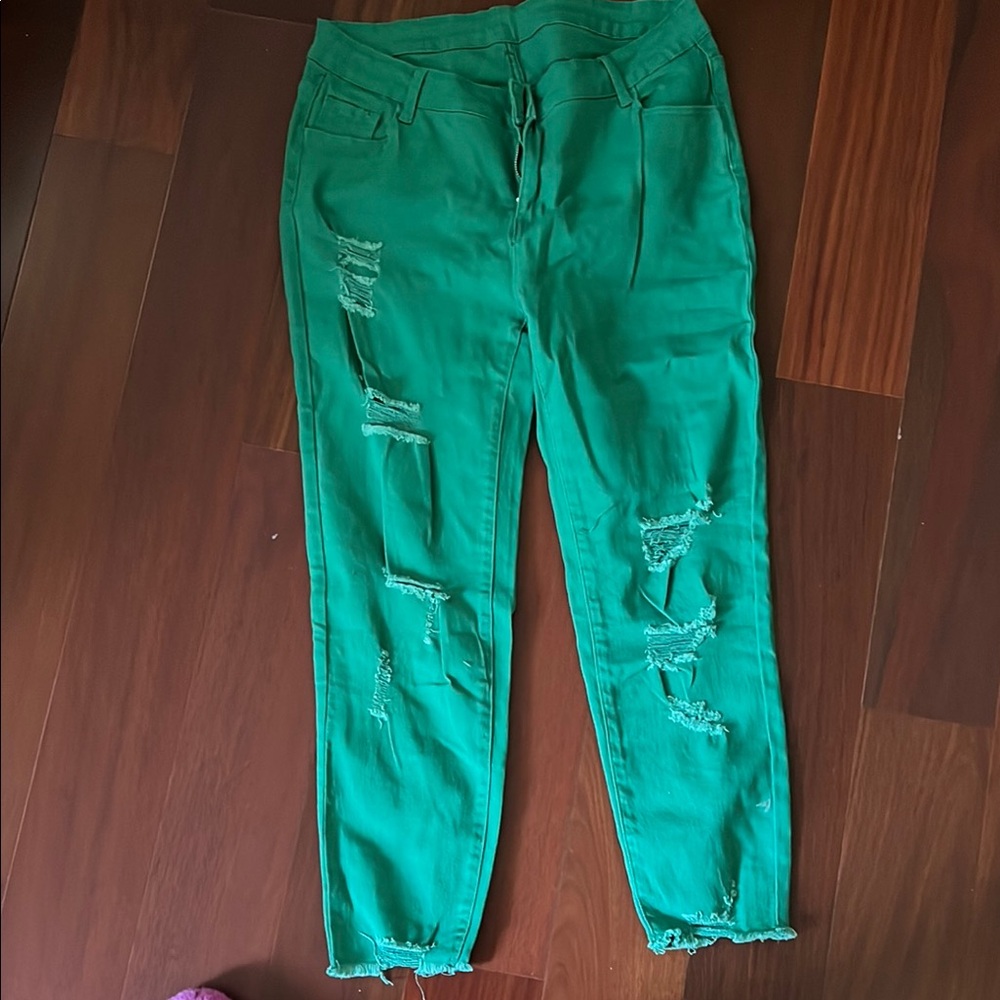 SHEIN Green Skinny Jeans Distressed Style